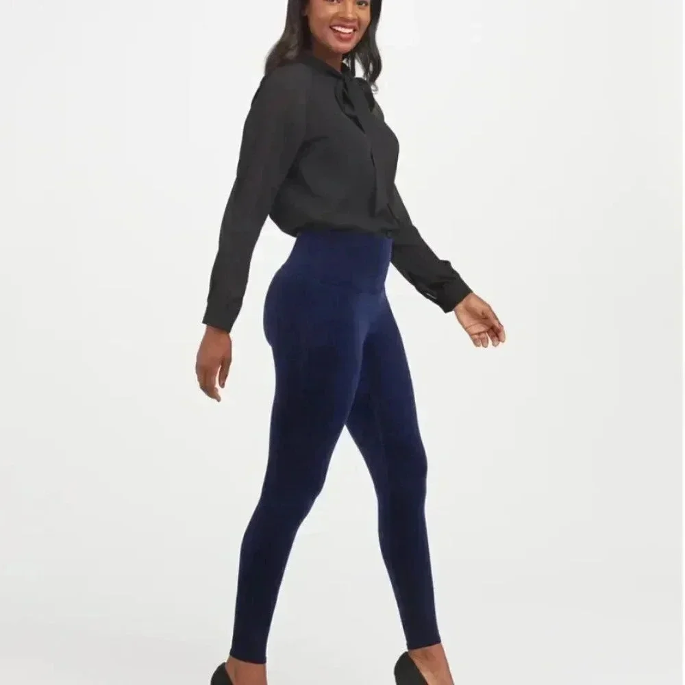 Spanx Velvet Leggings Pull On Stretch Pants Velour Dark Lapis Night Blue Small